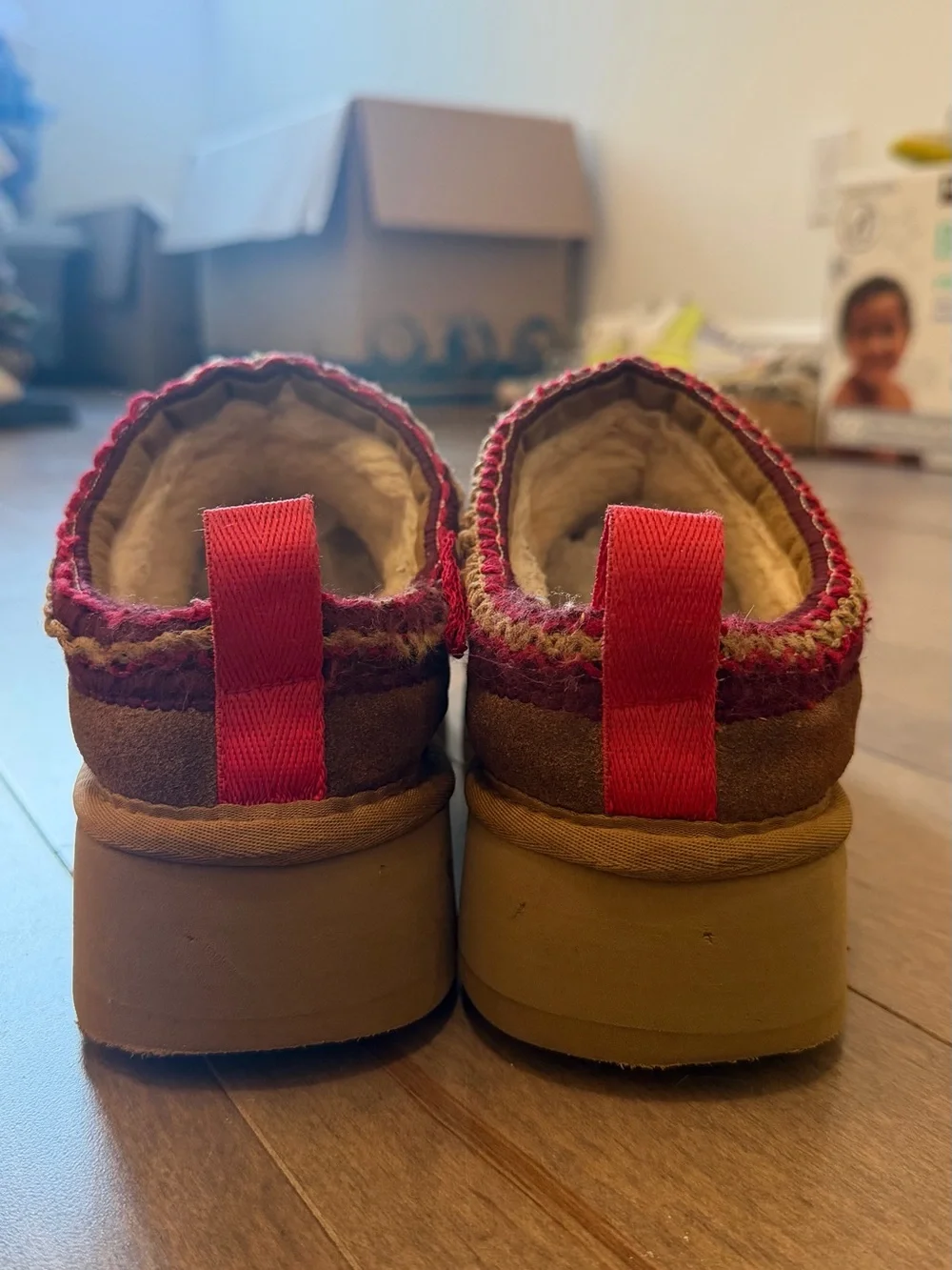 UGG Chestnut Suede Slip-On Mule with Red Trim
